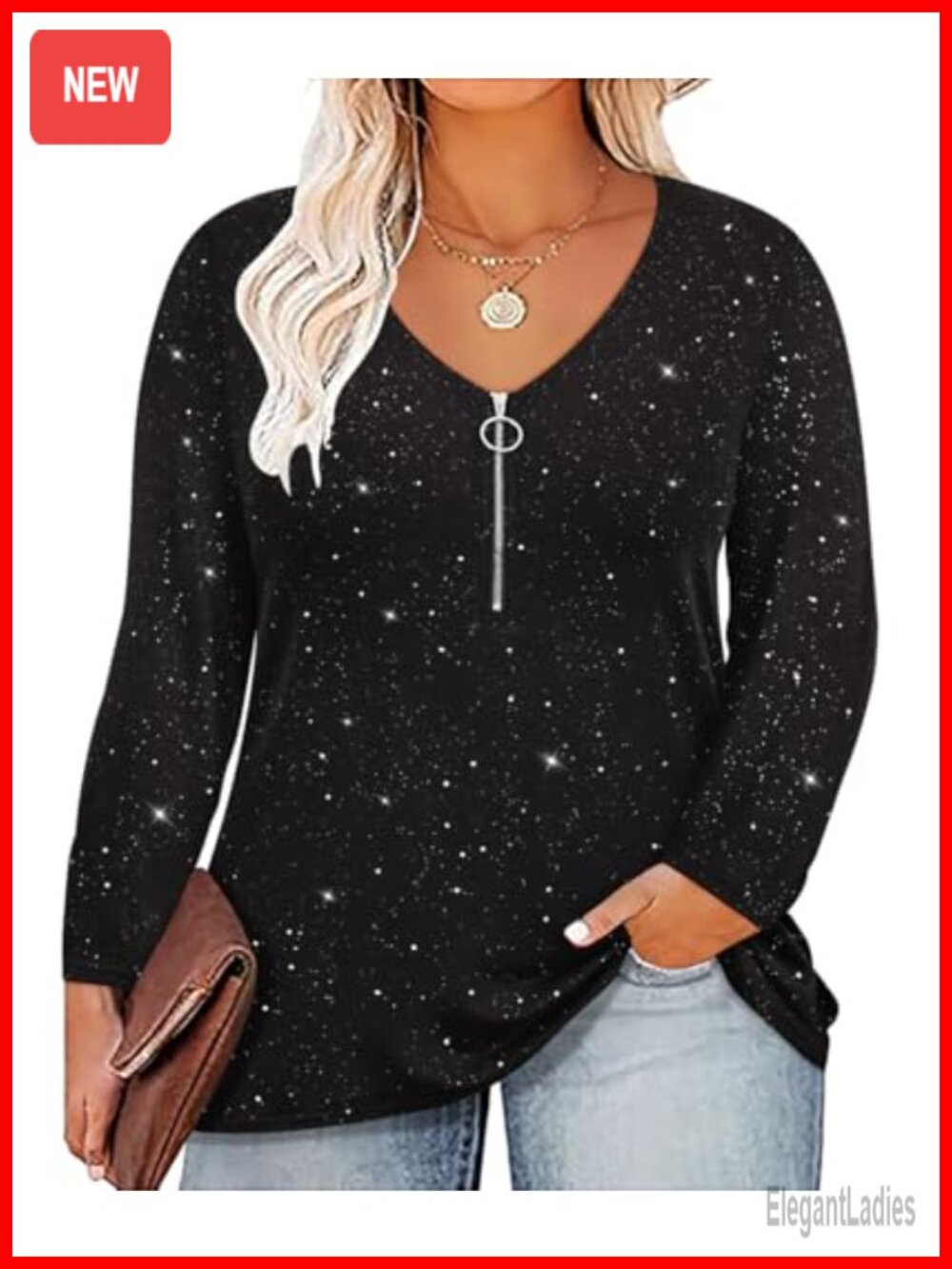 Women's Long Sleeve V-Neck Zipper Tunic Top Soft Stretchy Casual